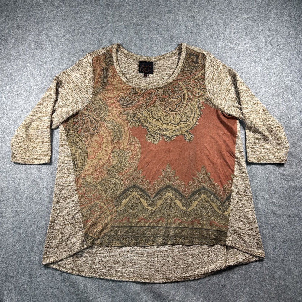 French Blue Paisley Mixed Media Top 1X Brown Orange Knit Plus Size High Low Hem